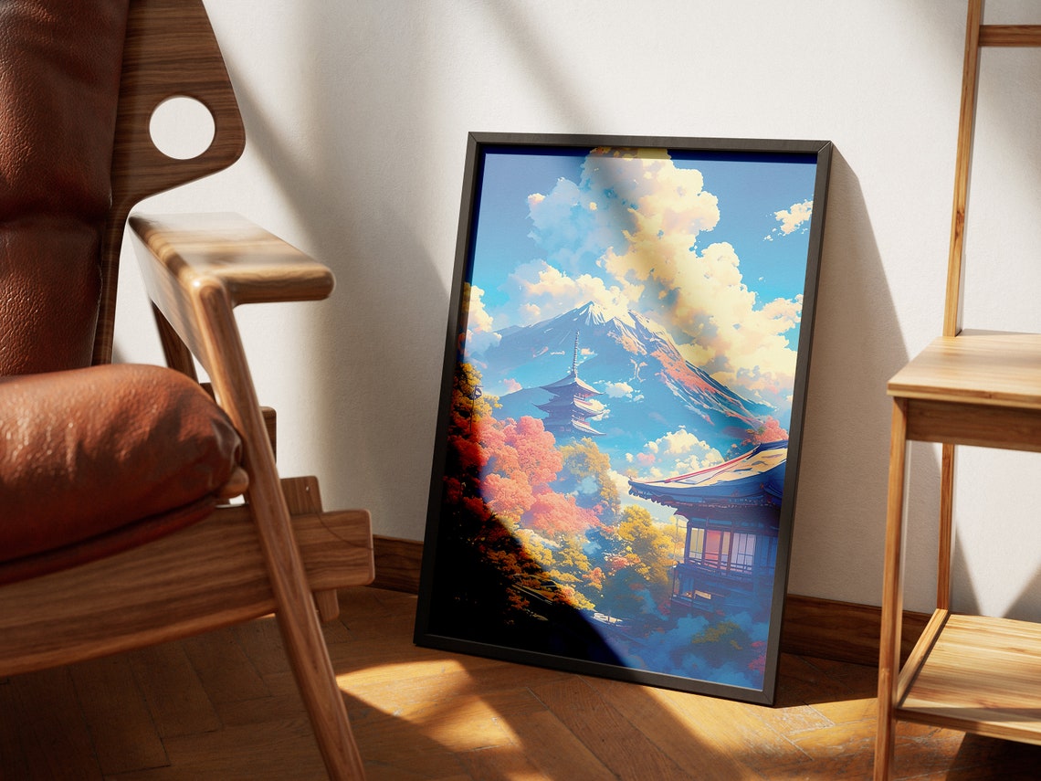 Dreamy Anime Mount Fuji Pagoda Autumn Landscape Japan Art Poster - Image 2