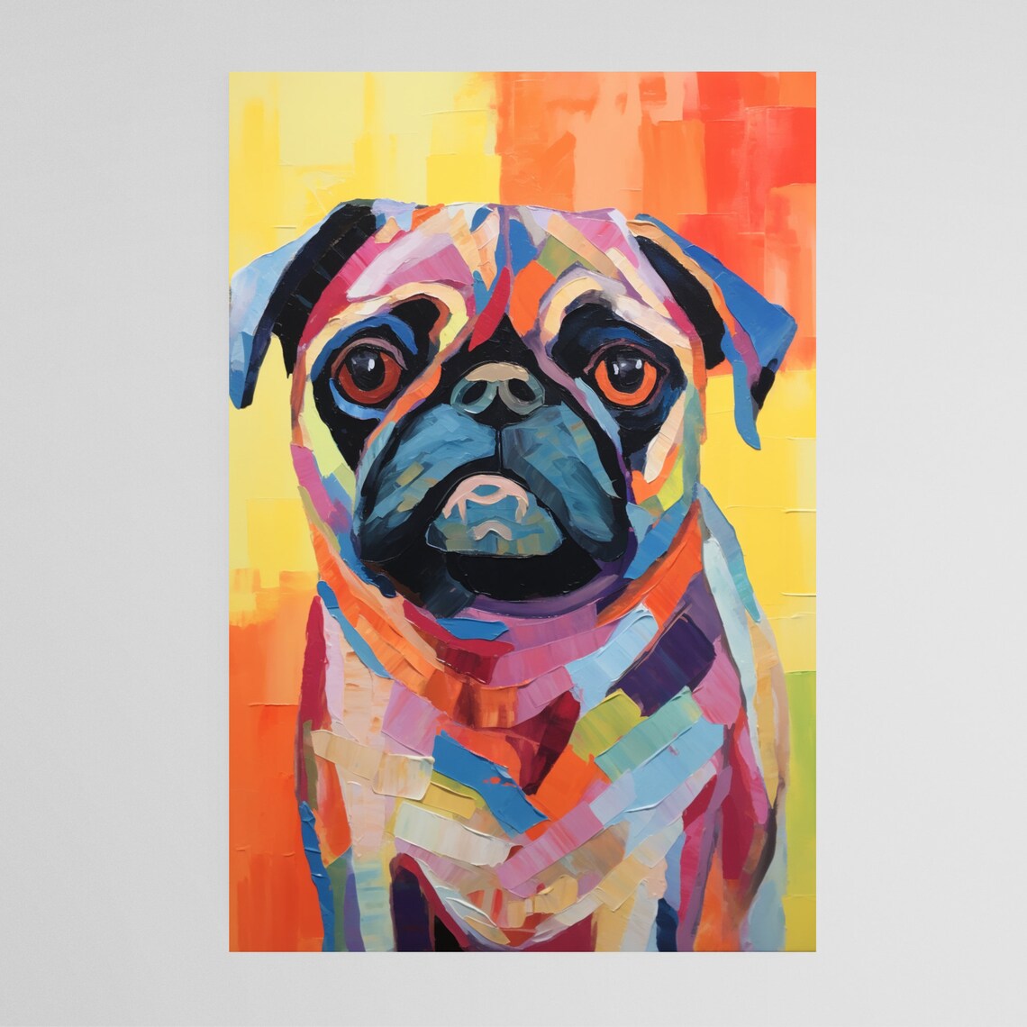 Colorful Pug Pop Art Portrait Warm Yellow Rainbow Dog Art Poster
