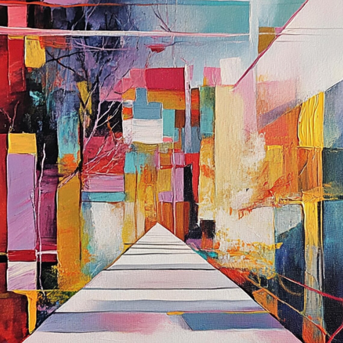 Vibrant Abstract City Alley in Bold Red Blue and Yellow Oil Art Poster - Image 2