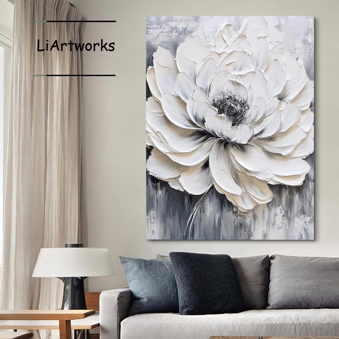 White Flower With Dark Center On Gray Dramatic Floral Art Poster - Image 3
