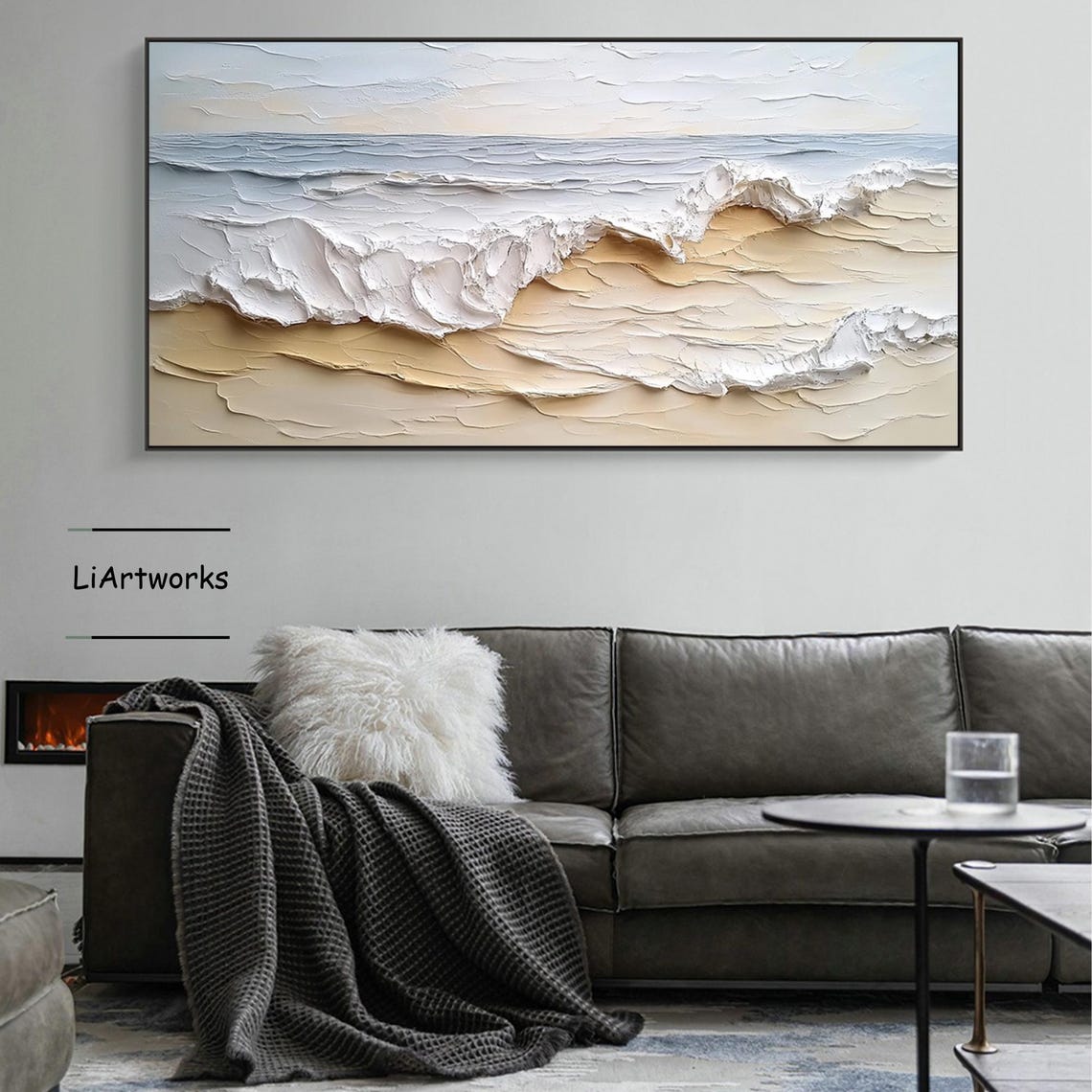 Pale Blue Sea Wave With White Foamy Curl Textured Art Poster - Image 3