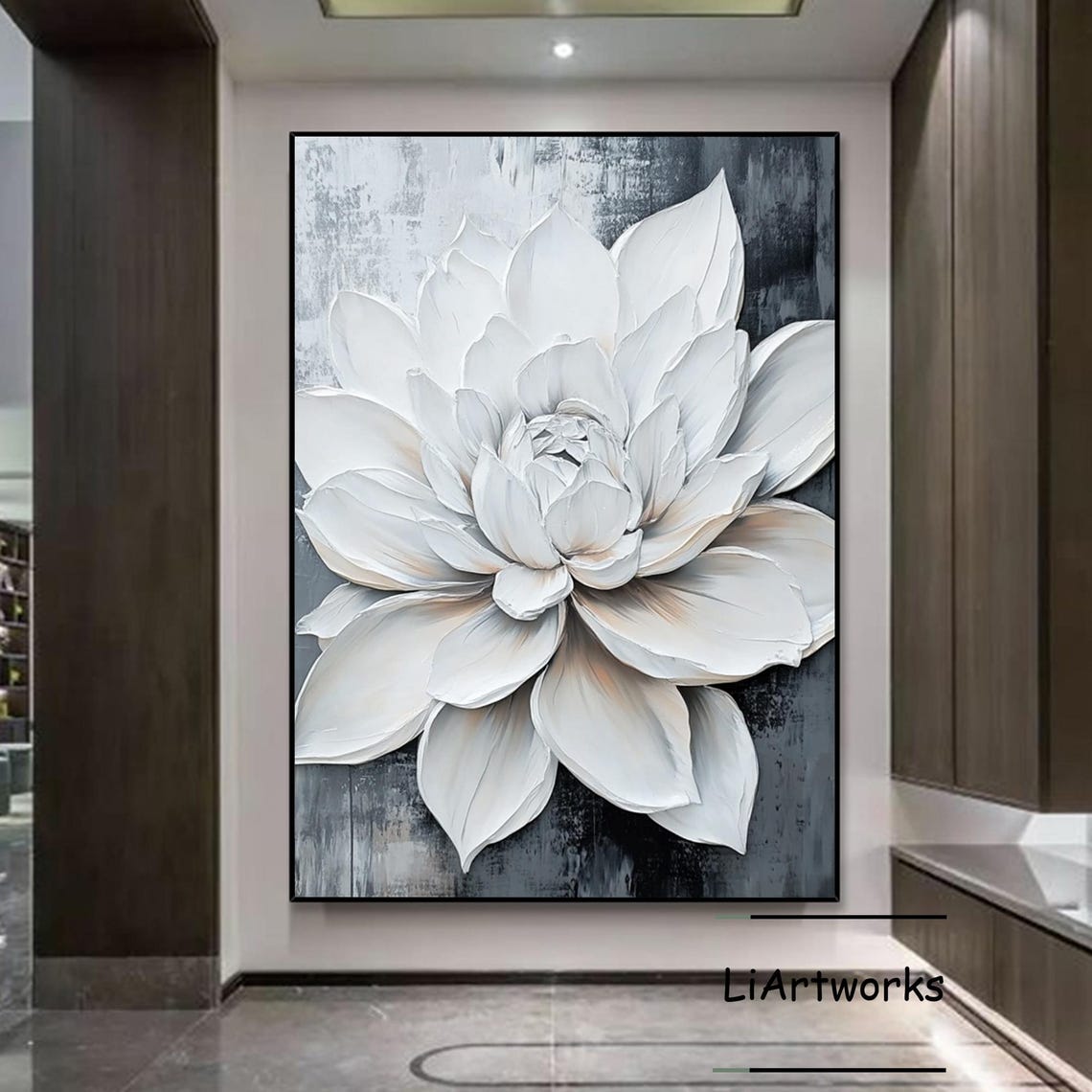 White Blossom Impasto Texture On Dark Gray Floral Art Poster - Image 4