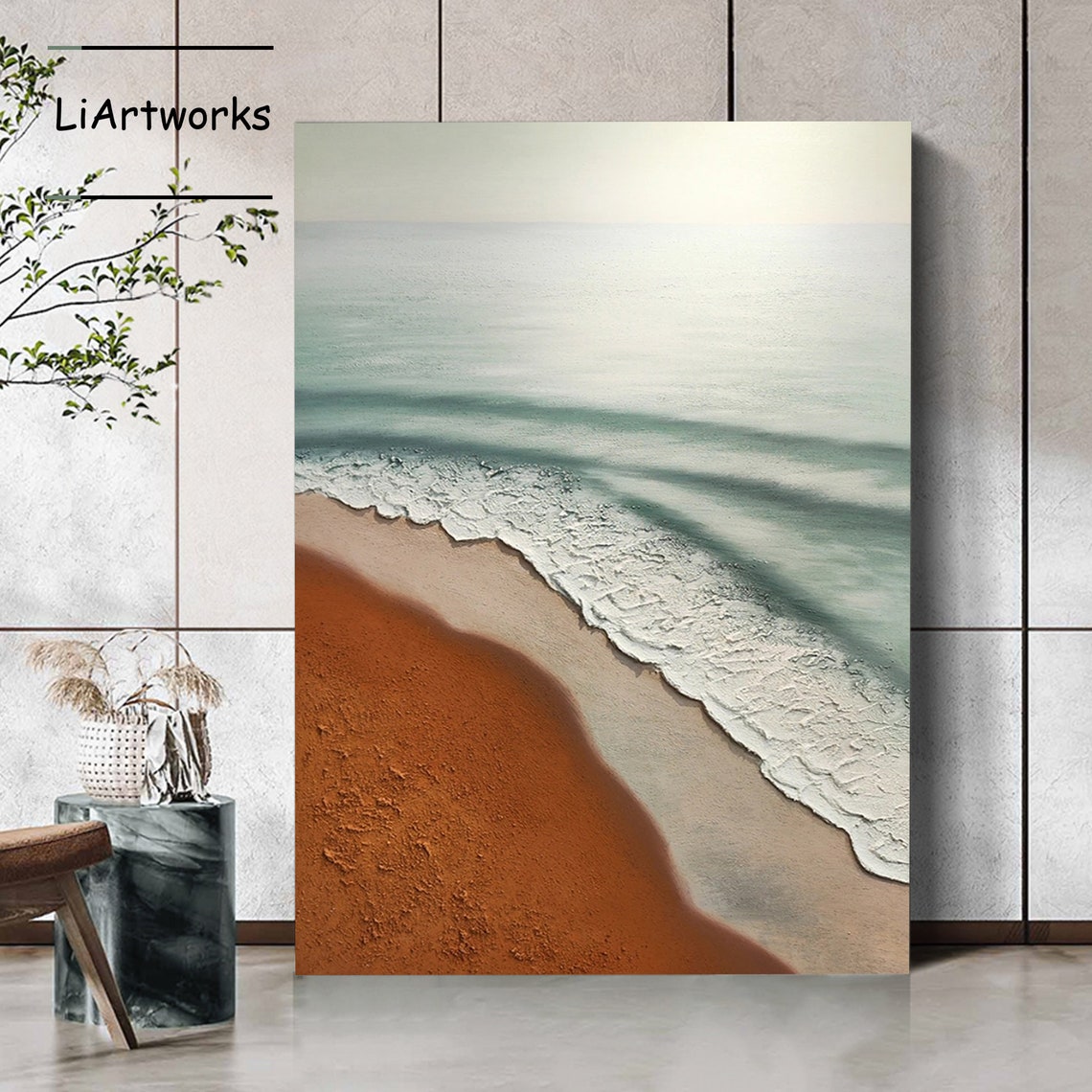 Aerial View of Coastal Waves on Terracotta Sand Textured Ocean Poster - Image 2