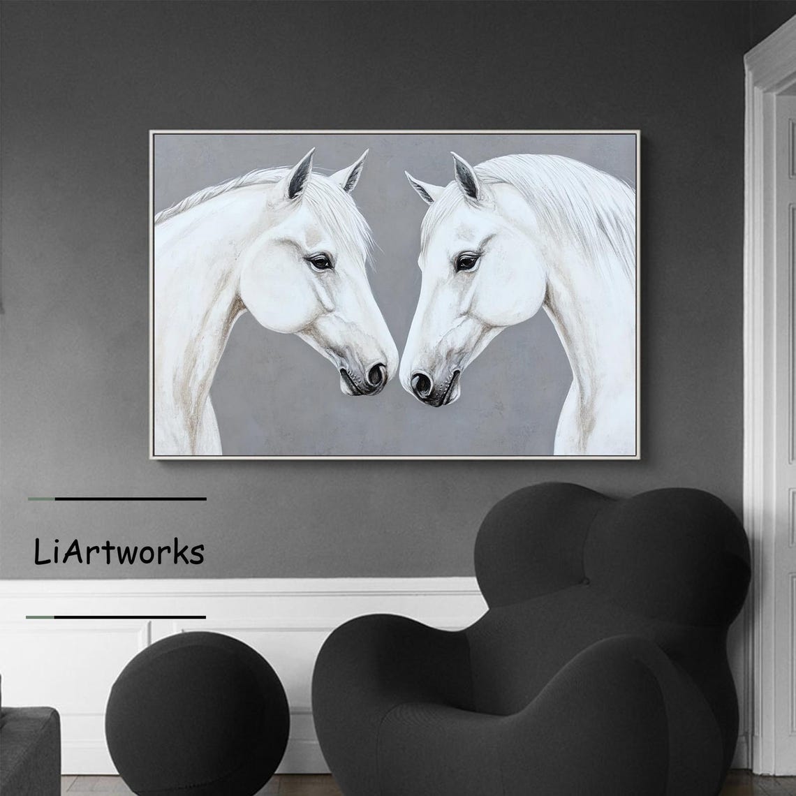 Gray And White Horse Portrait Oil Painting Original Animal Painting White Horse Wall Art Horse Painting Living Room Office Wall Decor - Image 4
