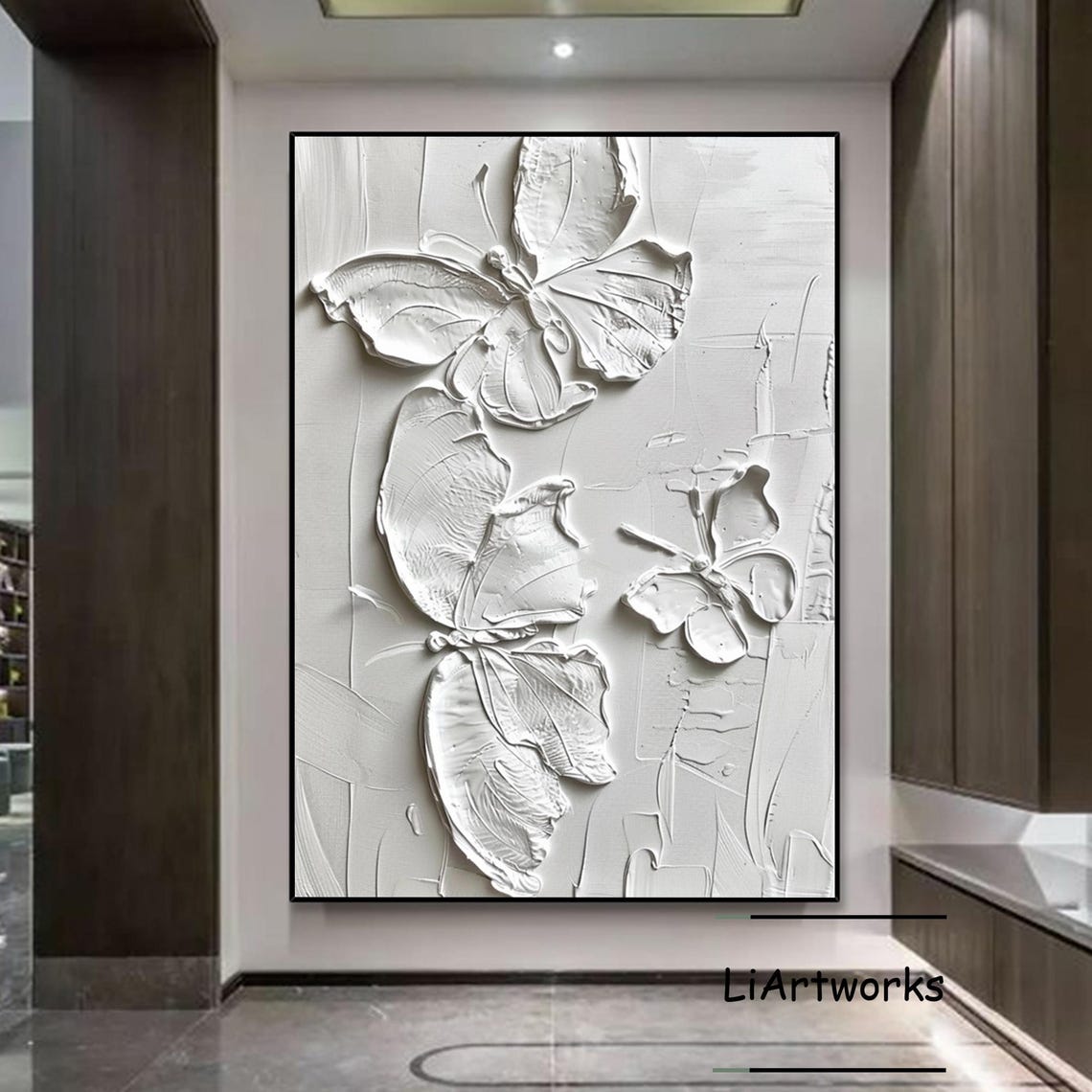 Three White Butterflies 3D Textured Sculptural Relief Poster - Image 3