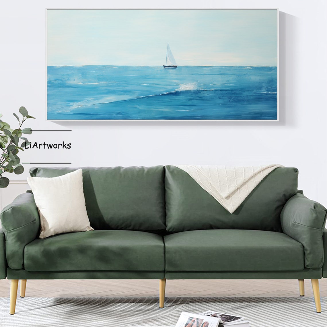 Minimalist Blue Ocean With Lone Sailboat Calm Seascape Poster - Image 3