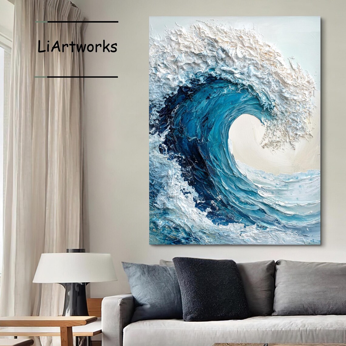 Blue Ocean Wave Oil Painting, 3D Texture Wall Art - Image 3