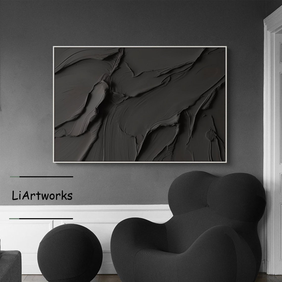 Charcoal Black Textured Abstract in Gold Frame Moody Modern Art Poster - Image 4