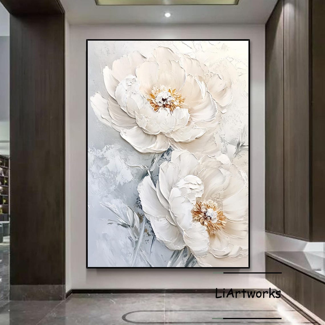 3d Beige White Flower Oil Painting On Original Textured Floral Painting Blooming Floral Wall Art Beige White Knife Flower Painting - Image 4