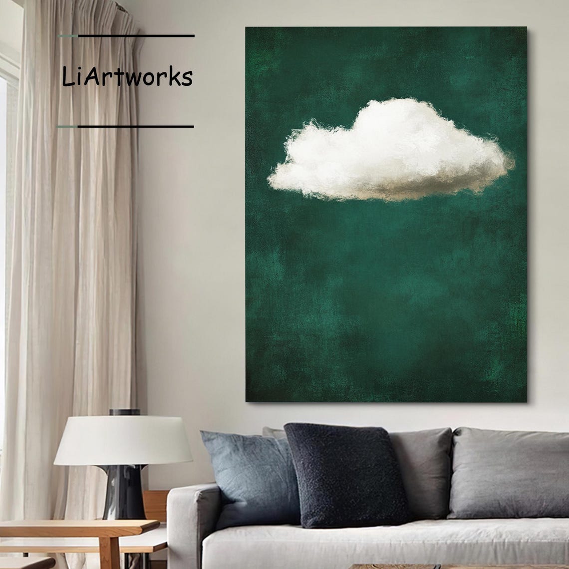 White Cloud On Emerald Green Textured Sky Minimalist Art Poster - Image 3