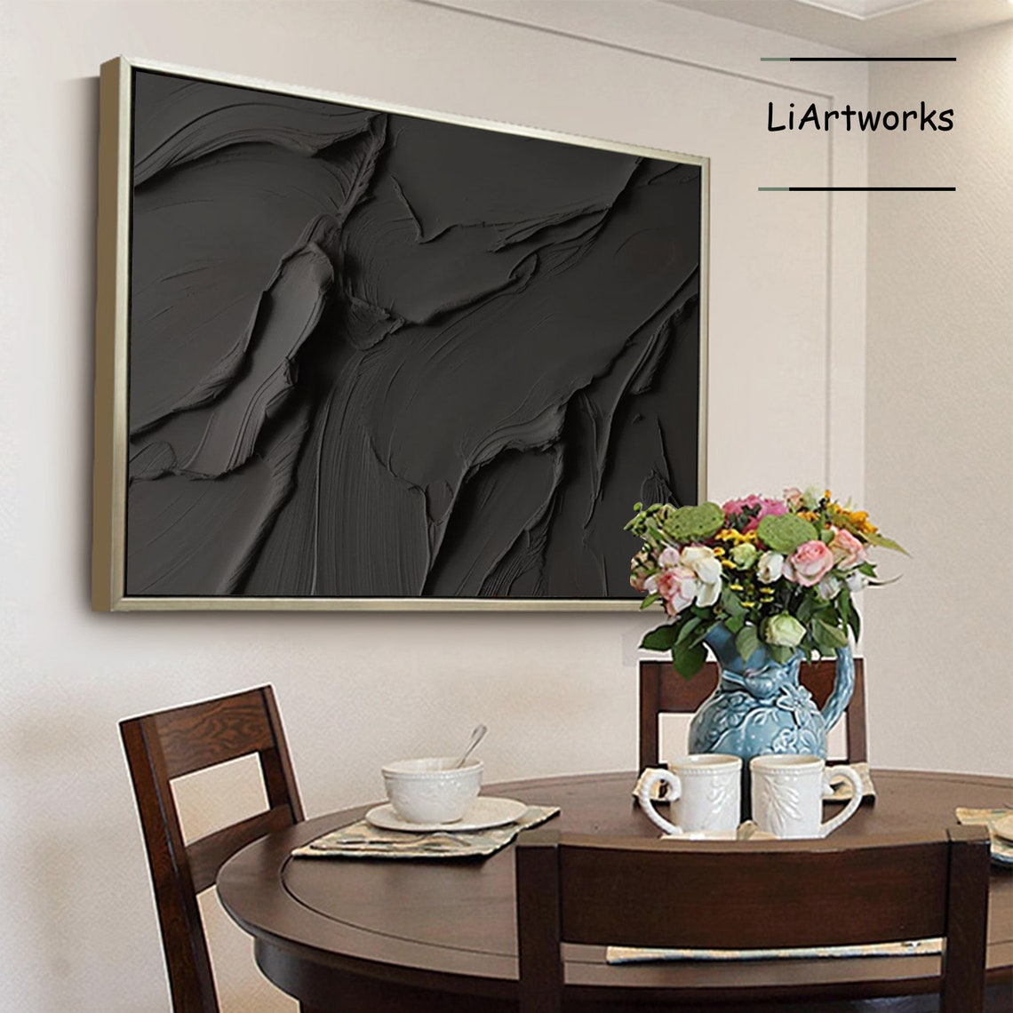 Charcoal Black Textured Abstract in Gold Frame Moody Modern Art Poster - Image 3