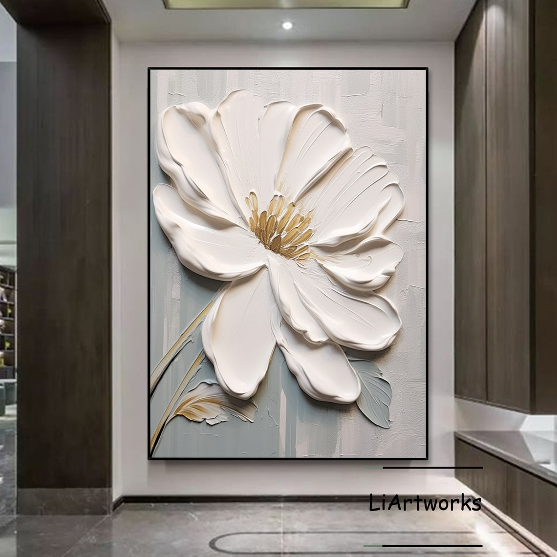 White Flower With Golden Heart On Soft Gray Textured Art Poster - Image 3