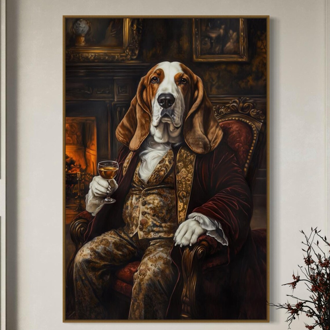 Regal Basset Hound Aristocrat in Velvet Robe Sipping Whiskey Poster