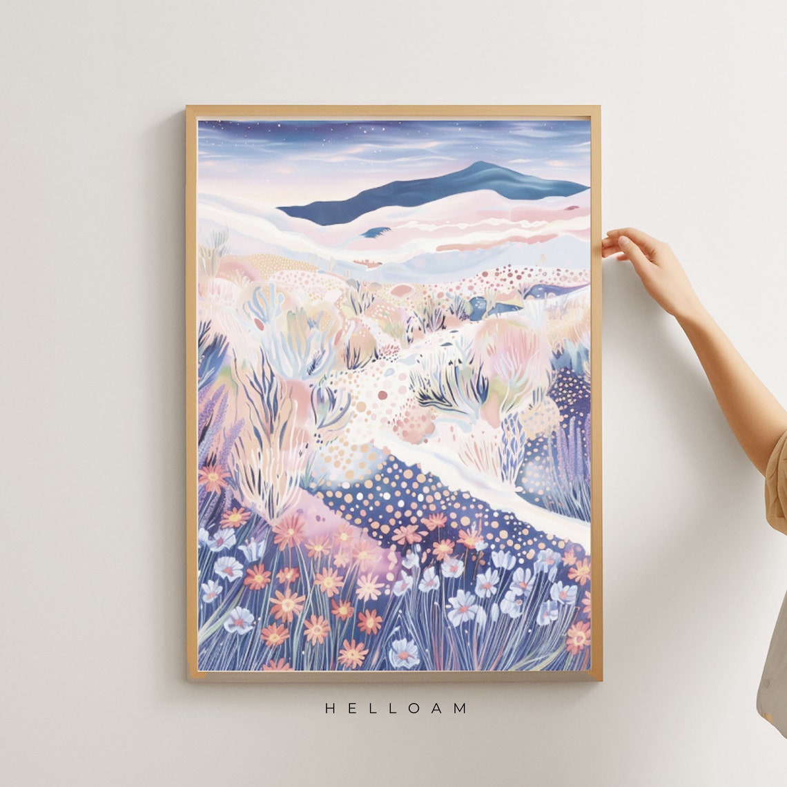 Pastel Wildflower Meadow Mountain Dusk Starry Night Landscape Print - Image 2