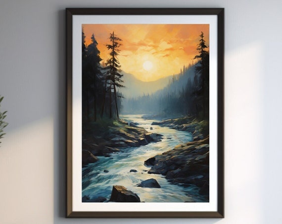 Mountain Sunrise River Art Print Teal Blue Landscape