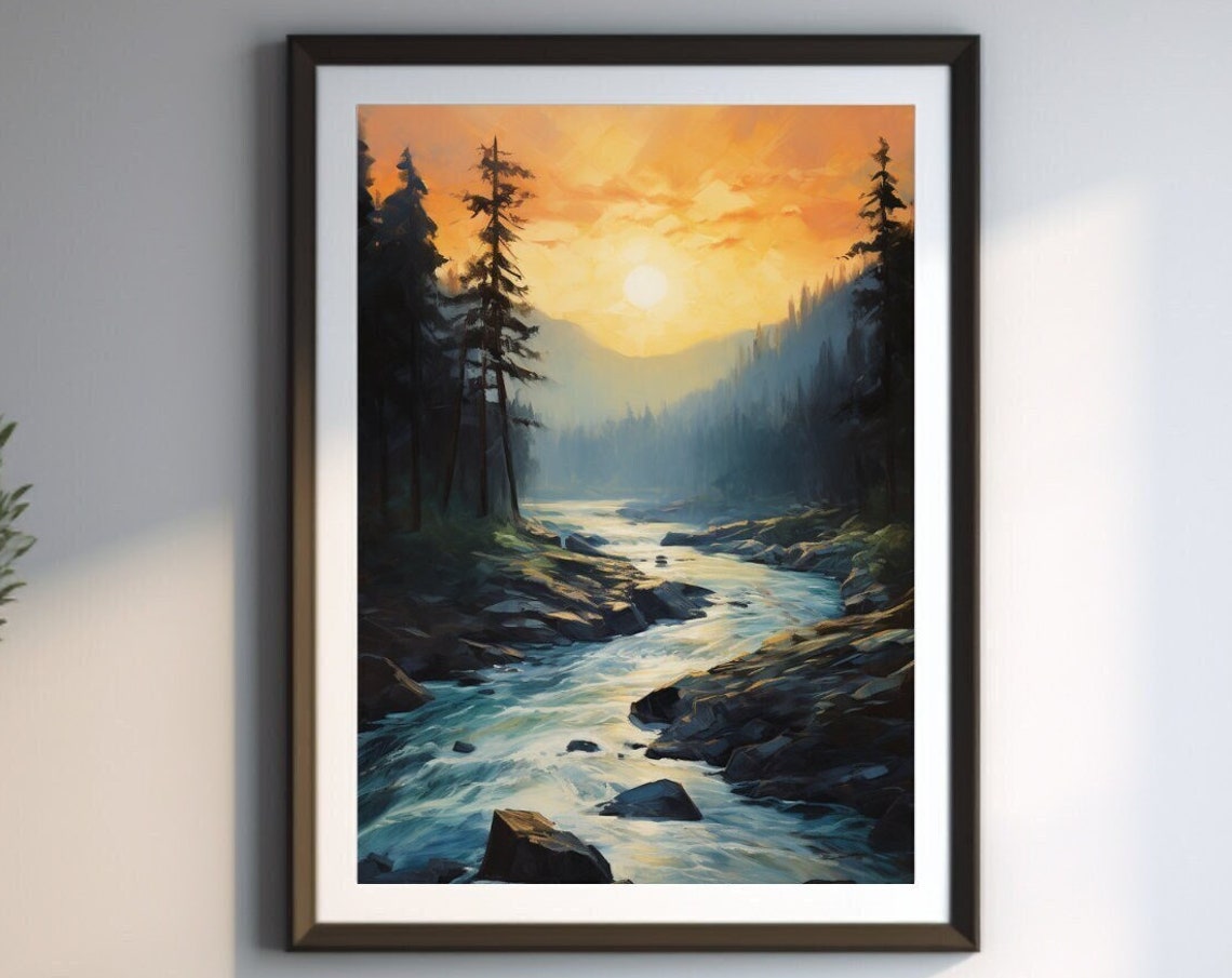 Mountain River Sunrise Pine Forest Golden Morning Landscape Poster