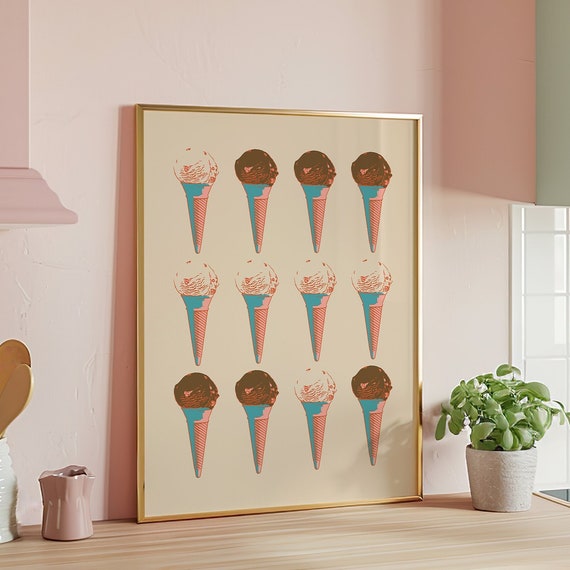 Whimsical Ice Cream Cone Print Retro Pastel Wall Art For Kitchen Decor Cute Caf Poster Sweet Food Illustration Instant