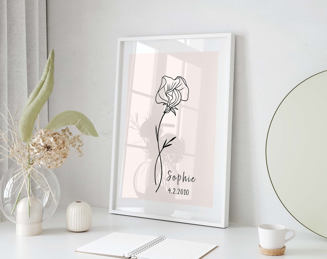 Custom Birth Month Flower One Line Drawing Art Print - Image 2