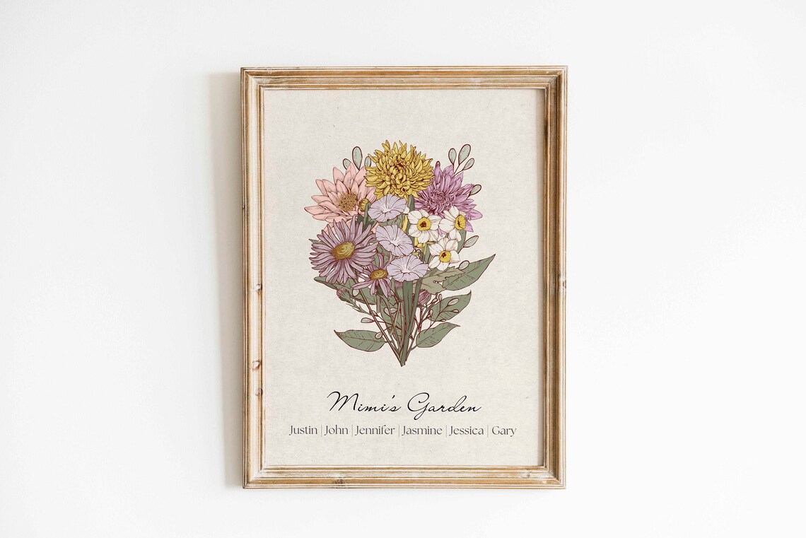 Custom Christmas Birth Flower Family Bouquet Art Print - Image 2