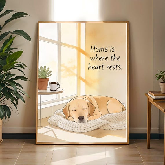 Sleepy Golden Retriever Poster Home Is Where The Heart Rests Dog Print Cozy Minimalist Decor