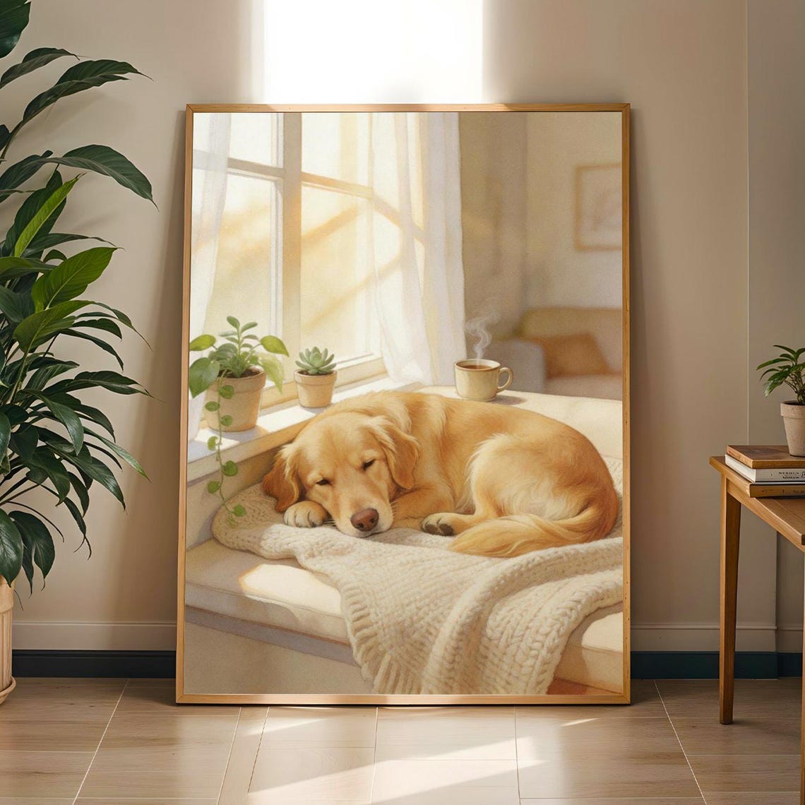 Sleepy Golden Retriever Puppy on Sunny Windowsill Cozy Dog Wall Poster