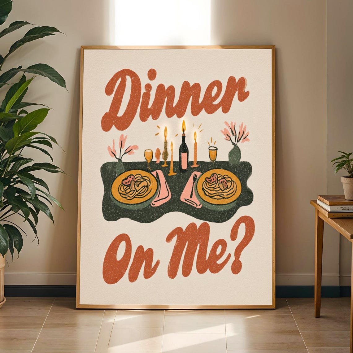Dinner On Me Retro Typography Poster Candlelit Pasta Table Kitchen Art