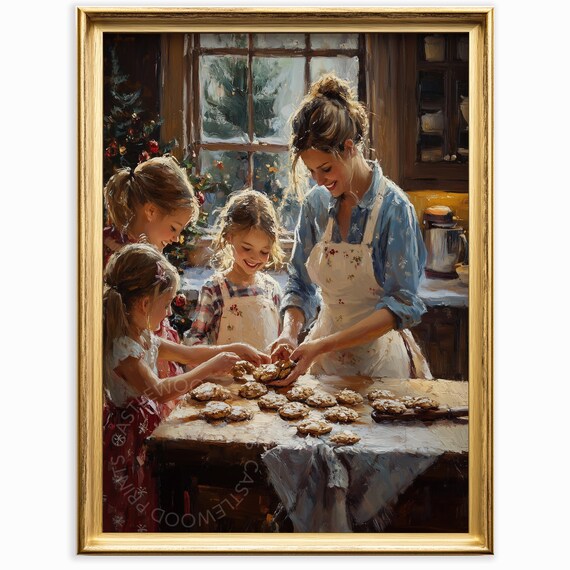 Mother and Daughters Baking Christmas Cookies Cozy Holiday Oil Painting Poster