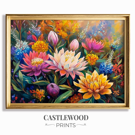 Vibrant Flower Garden Painting Colorful Floral Wall Art Botanical Nature Scene Spring Decor Gouache Artwork 593