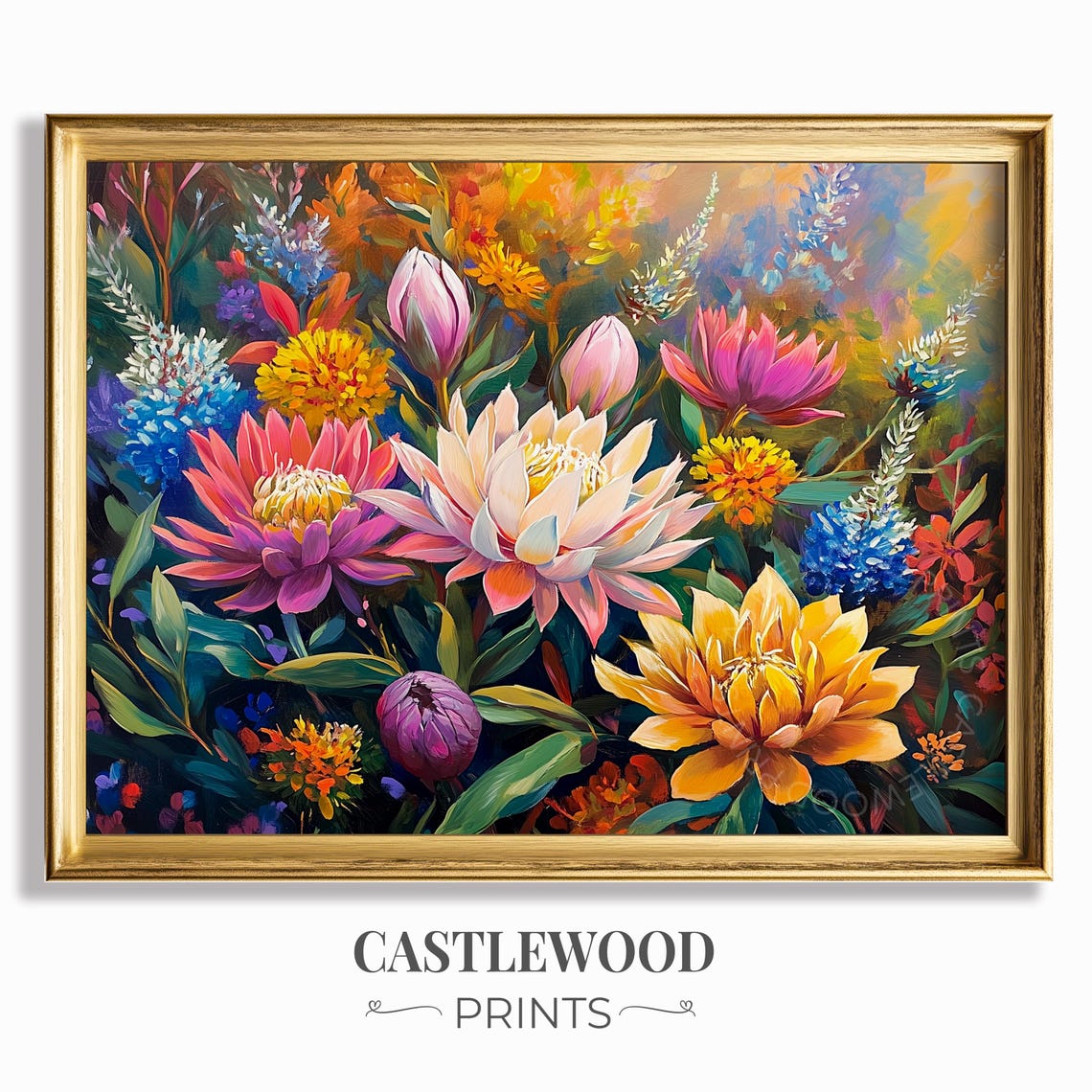 Lush Pink Yellow White Floral Bouquet Gouache Painting Poster