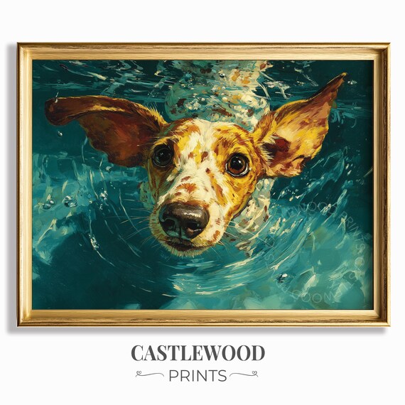 Whimsical Dachshund Oil Painting Playful Dog Swimming Art Wall Decor Cute Pet Portrait Colorful Animal Print 807