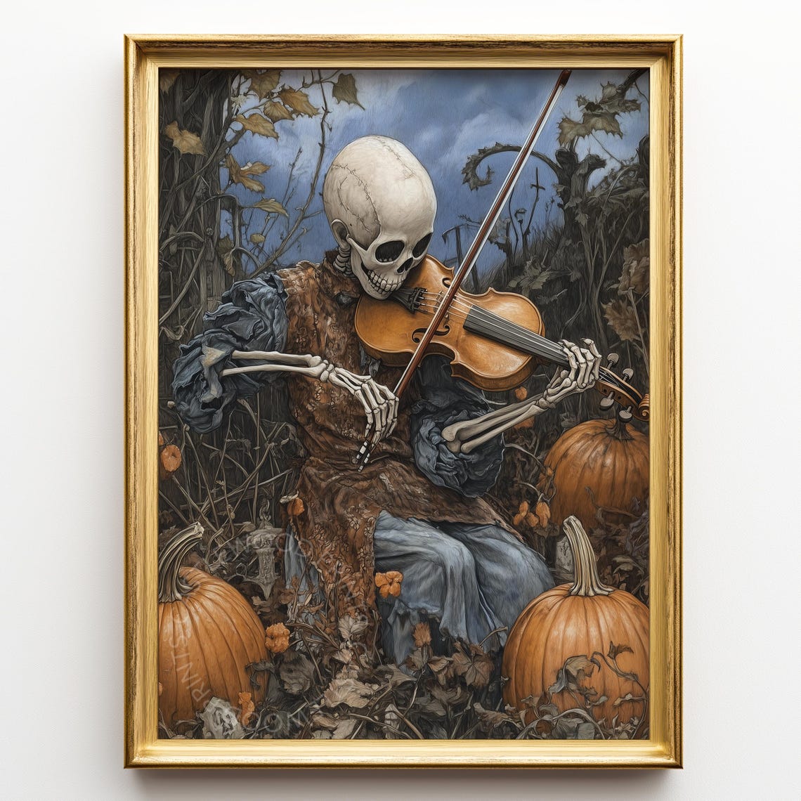 Skeleton Violinist in Pumpkin Patch Spooky Fall Night Art Poster