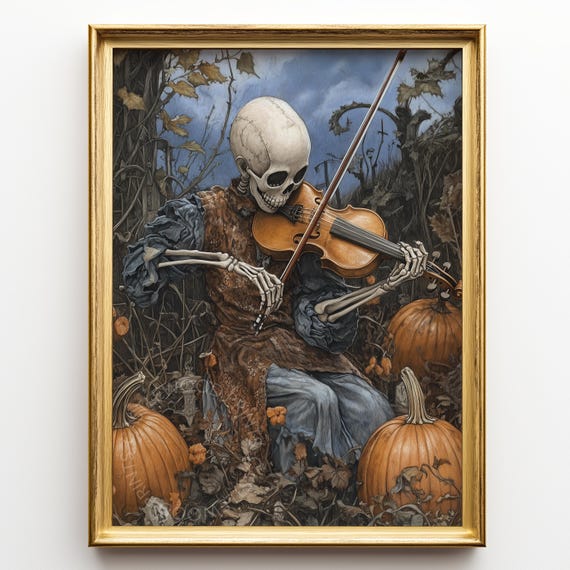 Halloween Skeleton Violinist In Pumpkin Patch Spooky Fall Art Print Moonlit Night Scene Rustic Decor Wall 164