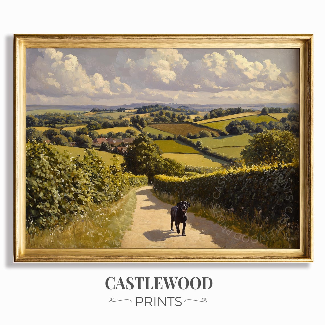 English Countryside Rolling Hills Path with Black Dog Poster