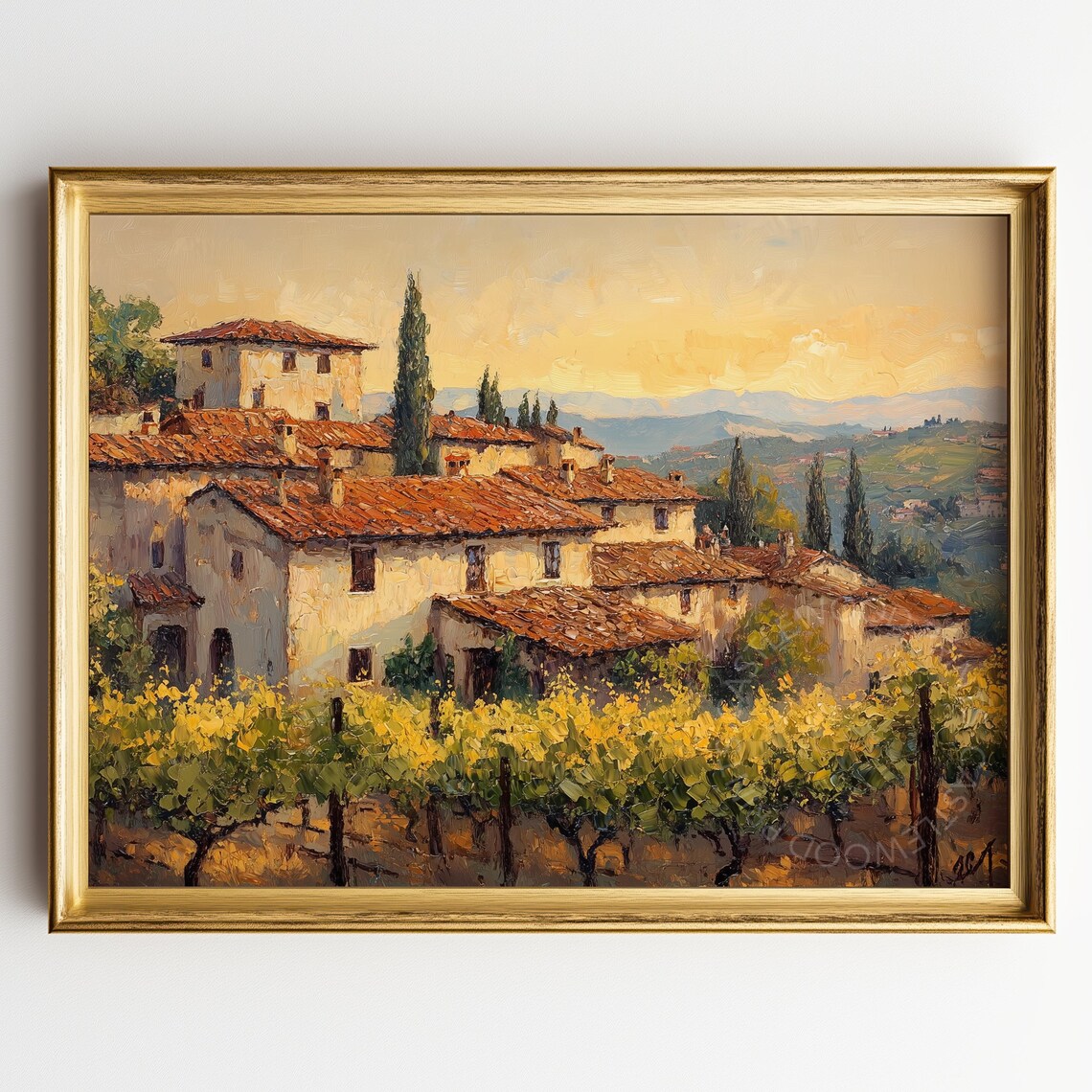 Golden Hour Tuscan Farmhouse Among Sunlit Vineyards Oil Painting Poster