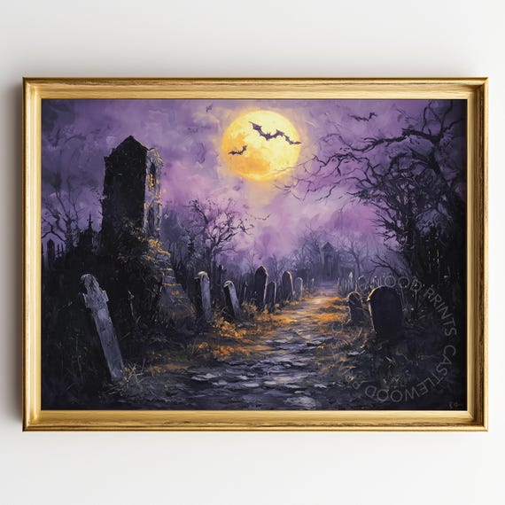 Spooky Graveyard With Full Moon Halloween Oil Painting Gothic Cemetery Scene Vintage Haunted Night Wall Art Decor 162