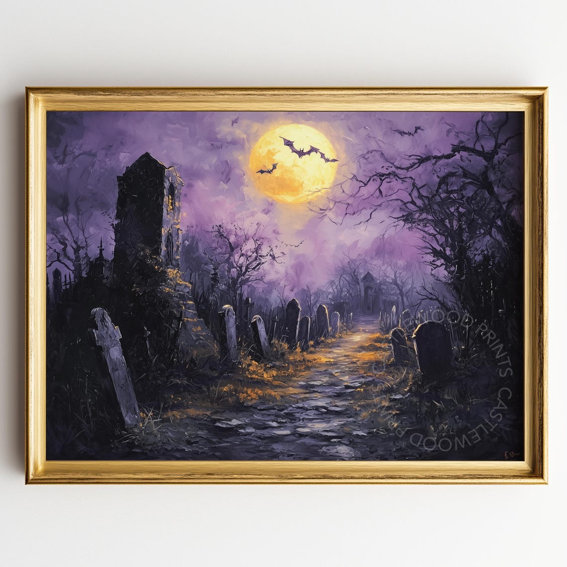Spooky Graveyard Under Full Moon Old Tower Bats Halloween Poster