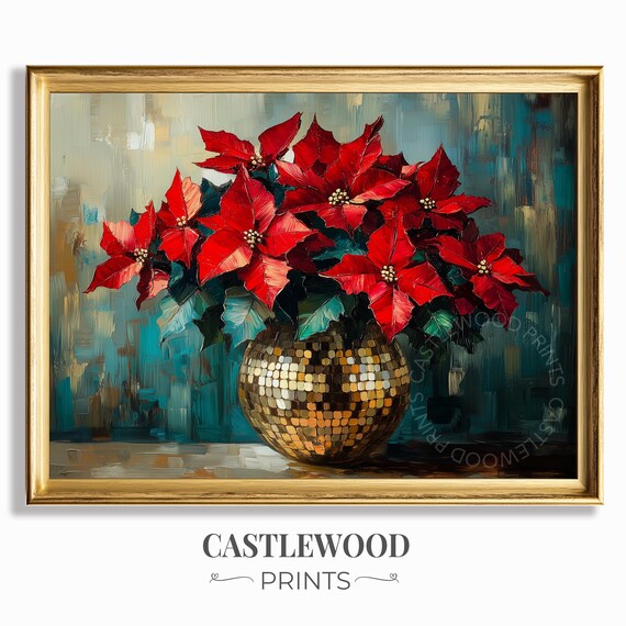 Christmas Red Poinsettias in Gold Disco Ball Vase Festive Art Poster