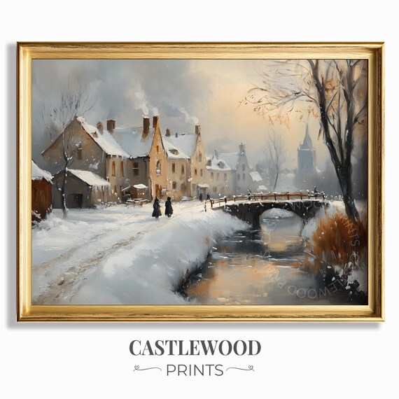 Golden Hour Winter Village Canal With Bridge Snowy Landscape Poster