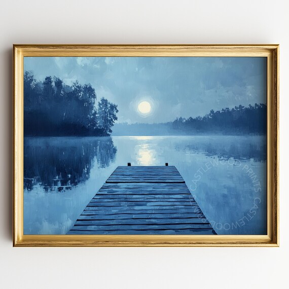 Moonlit Wooden Dock On Still Lake Blue Night Oil Painting Poster