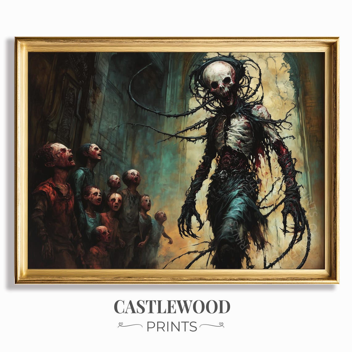 Skeletal Monster With Tentacles Confronting Zombies Horror Poster
