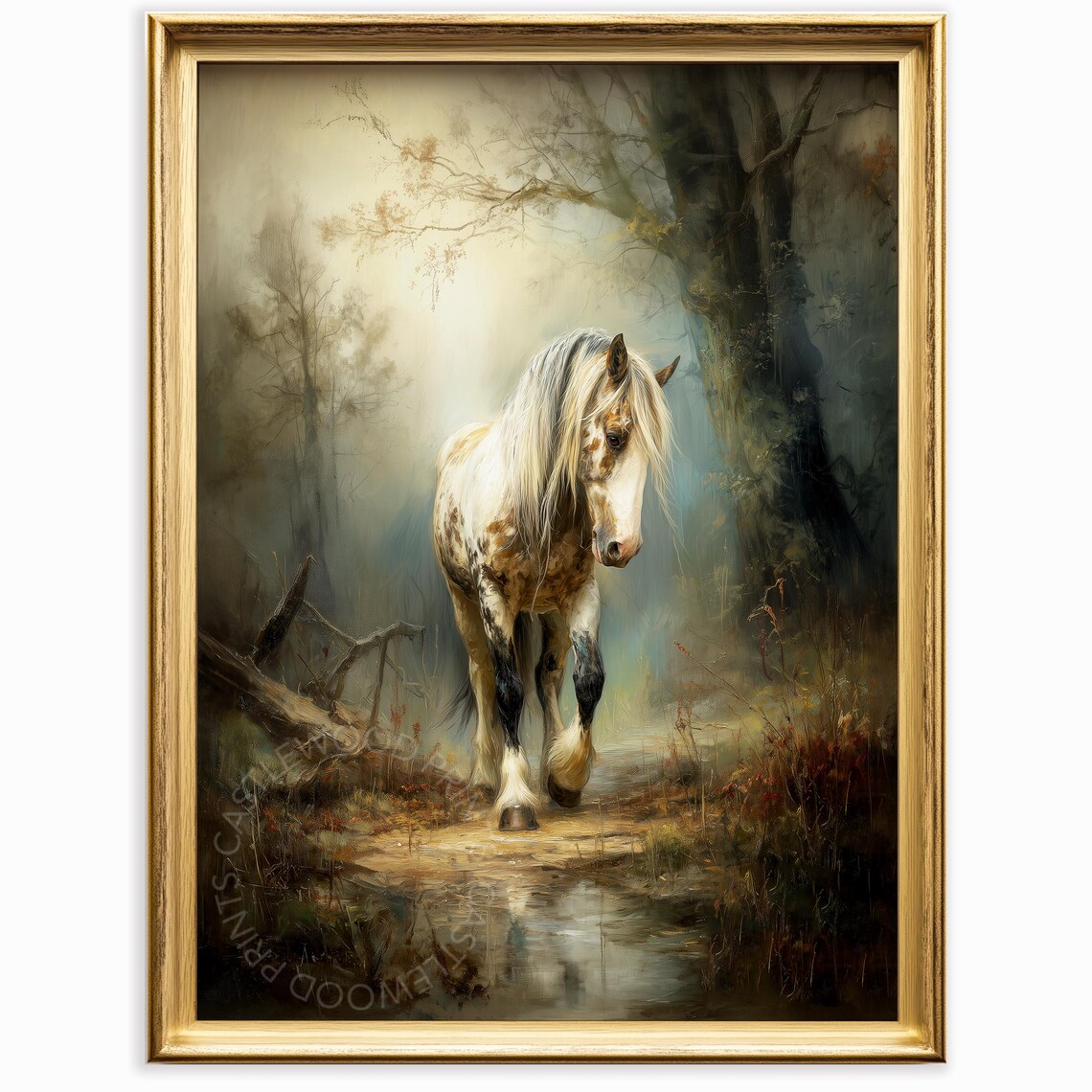 Knabstrupper Horse Walking in Misty Autumn Forest Reflection Poster