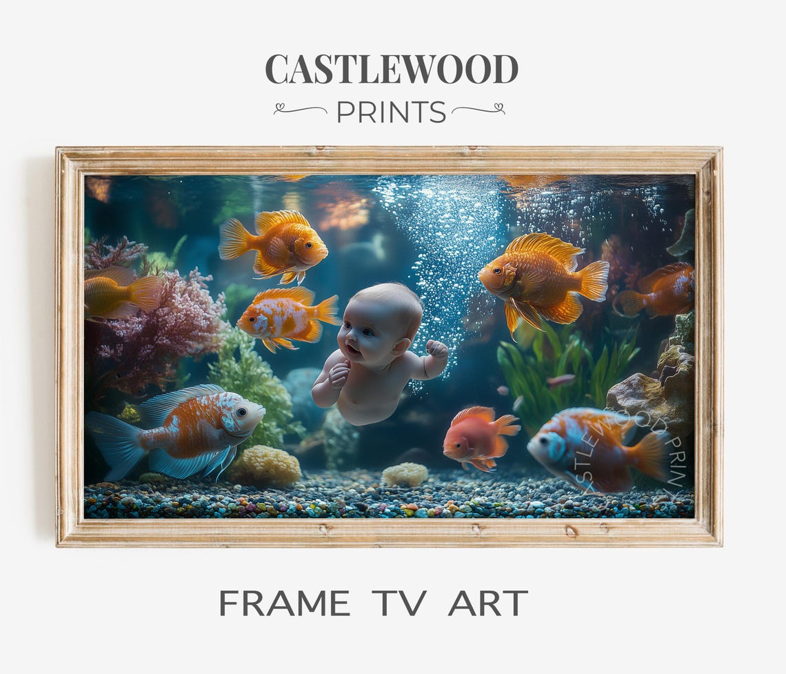 Underwater Baby with Goldfish Aquarium Nursery Frame TV Art Poster