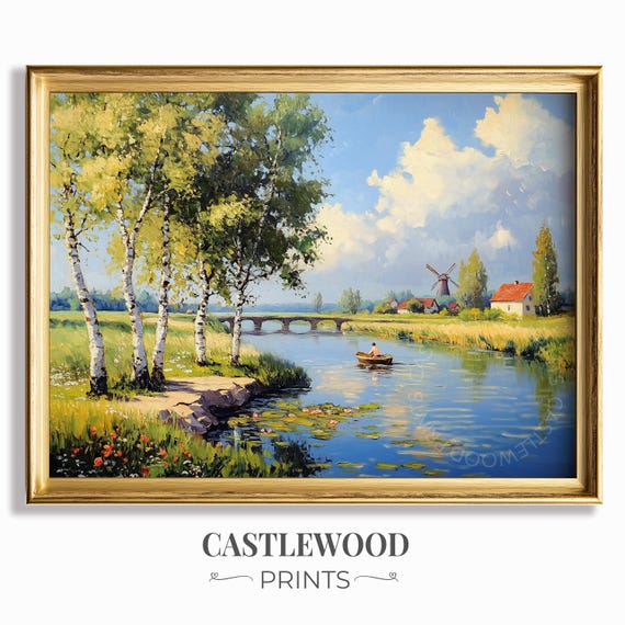 Colorful Summer Landscape Modern Postimpressionist River Scene Birch Trees Country Cottage Wall Art Decor 736
