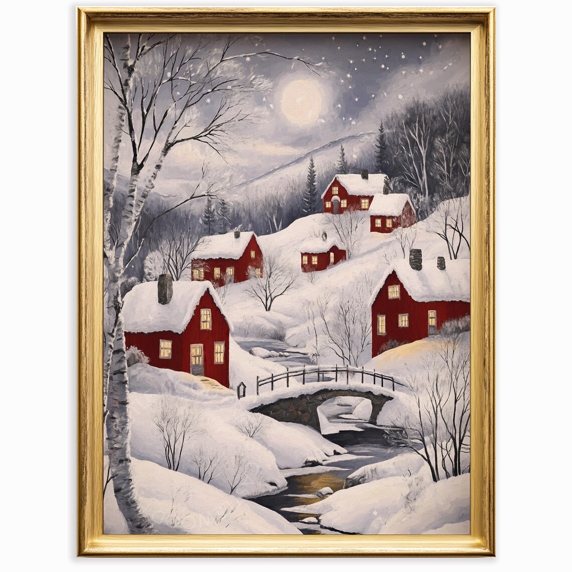 Moonlit Winter Night Village Red Houses Stone Bridge Snow Poster