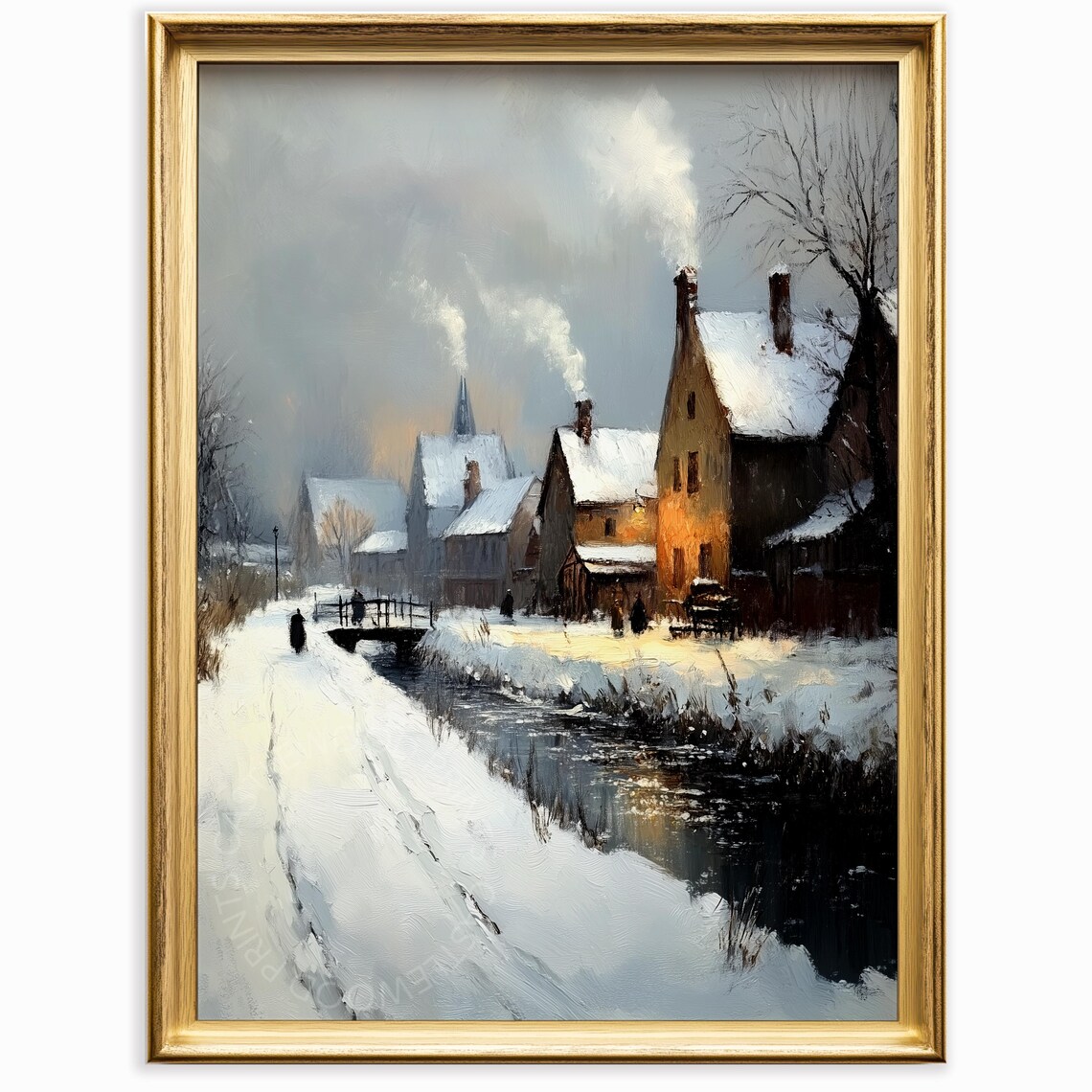 Snowy Village With Stone Bridge Smoking Chimneys Winter Scene Wall Art