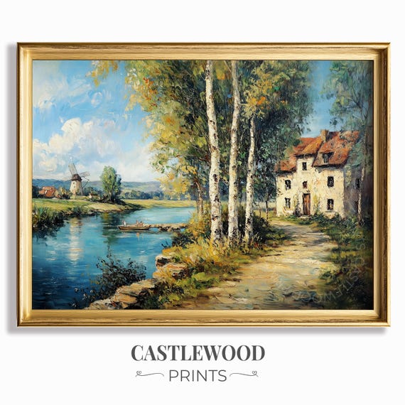 Rustic Riverbank Cottage Landscape Village Scene Birch Trees Country Road Vintage Wall Art Postimpressionist Style 742