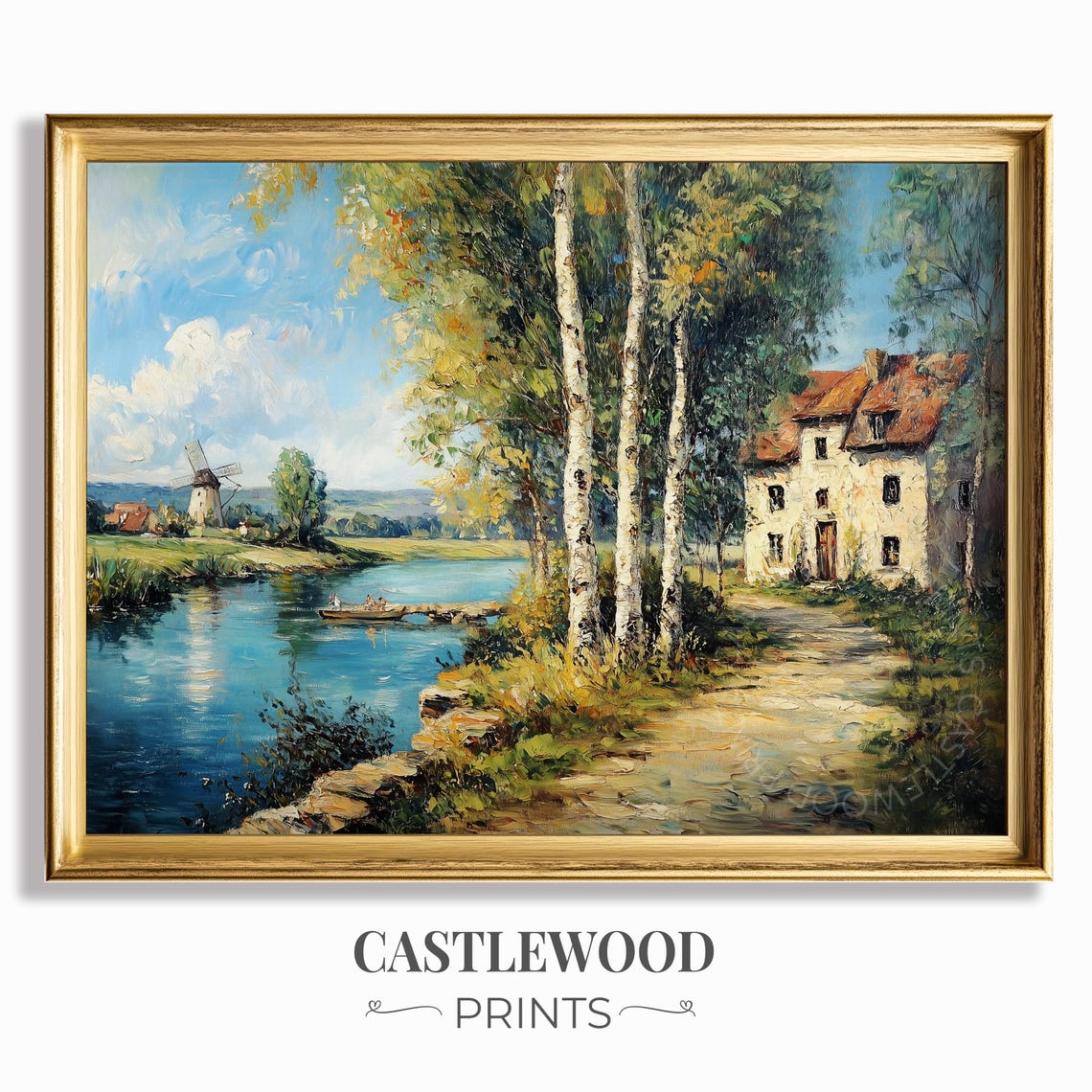 Rustic Stone House by the River with a Distant Windmill Poster