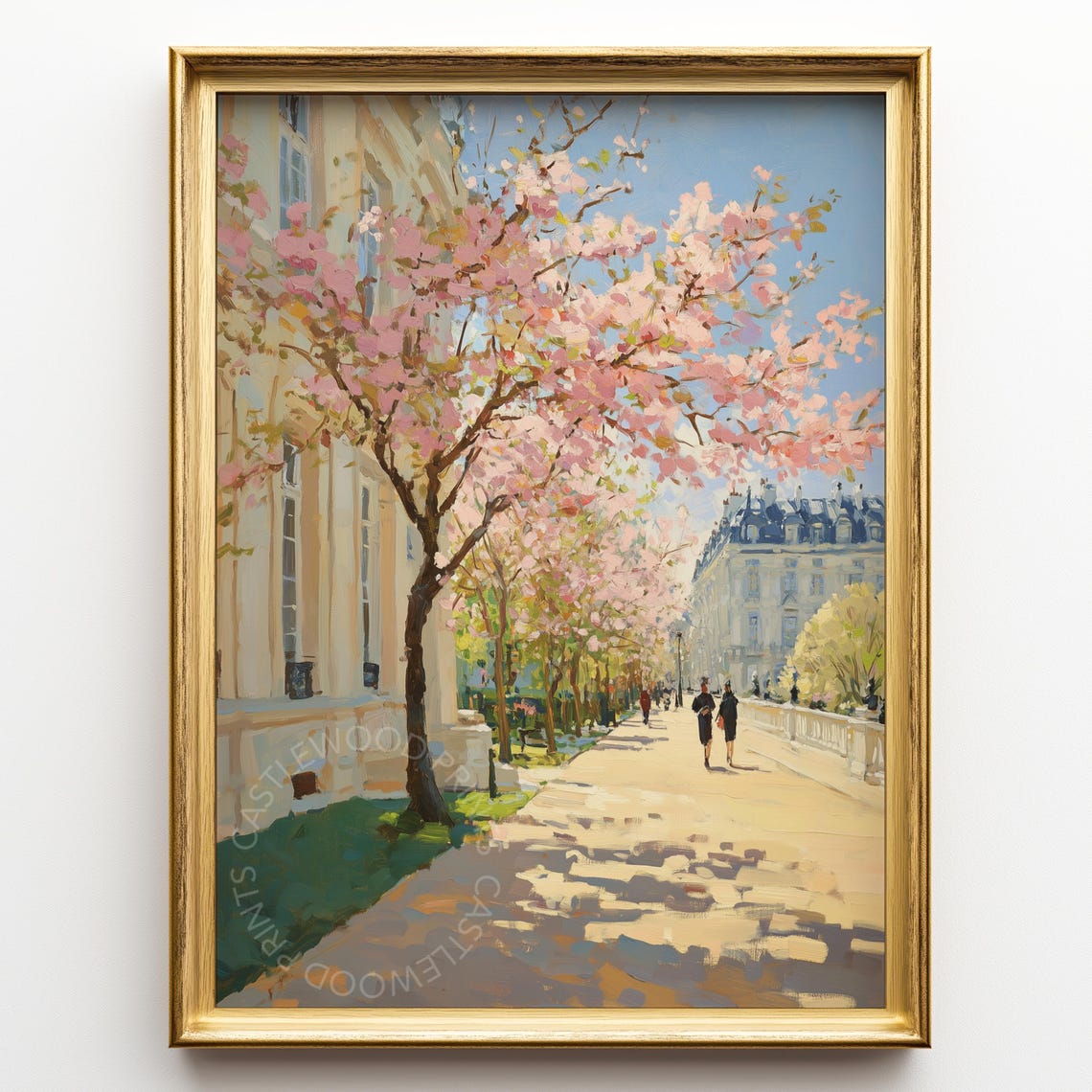 Paris Spring Blossom Tree Lined Street Oil Painting Travel Poster