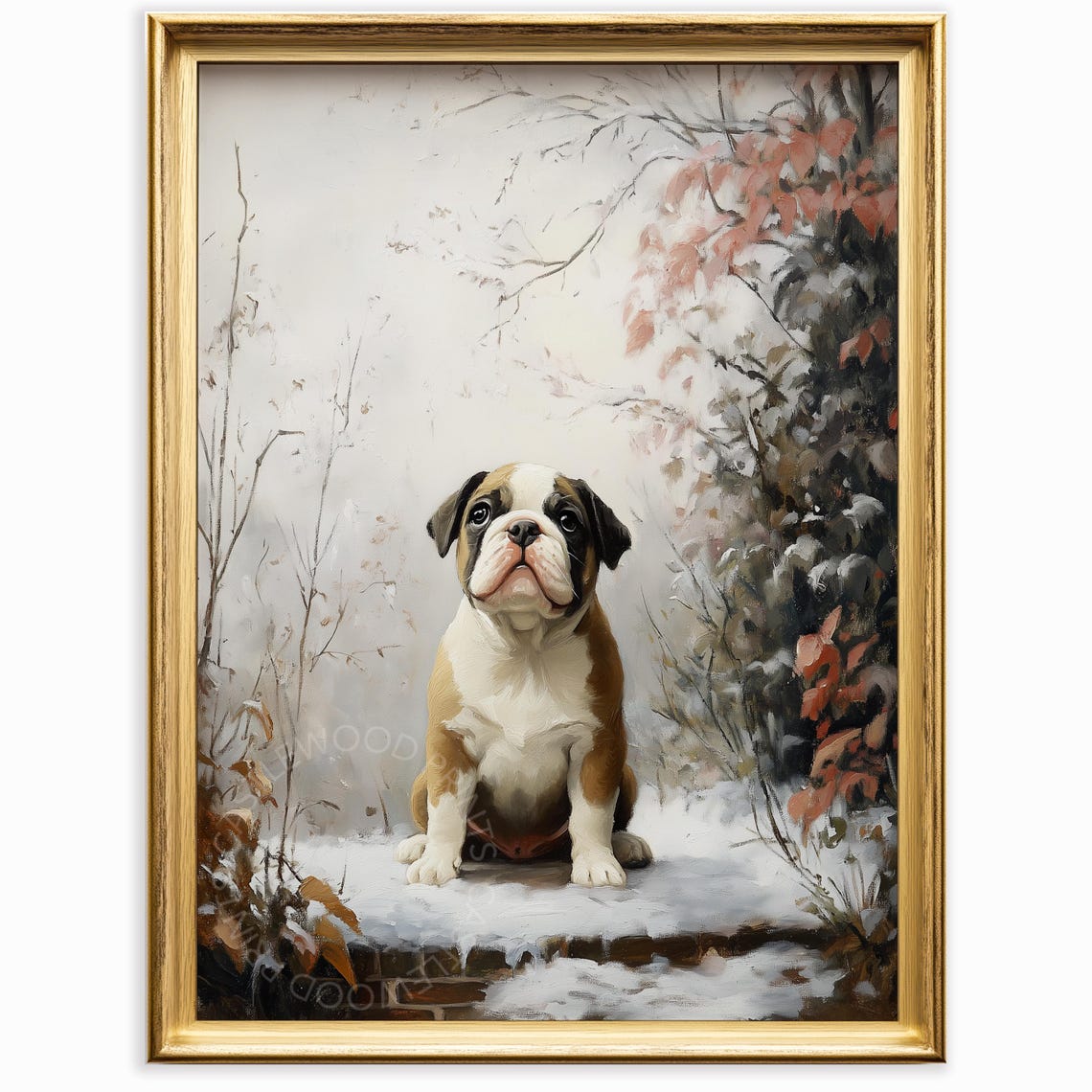 Bulldog Puppy Sitting in Snow with Autumn Foliage Pet Art Poster