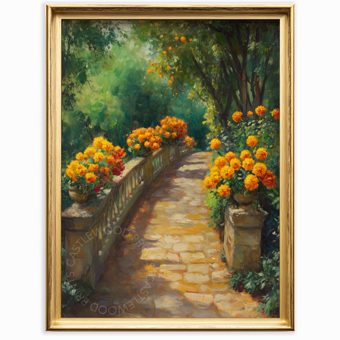 Rustic Cottage Garden Stone Pathway with Marigolds Oil Painting Poster